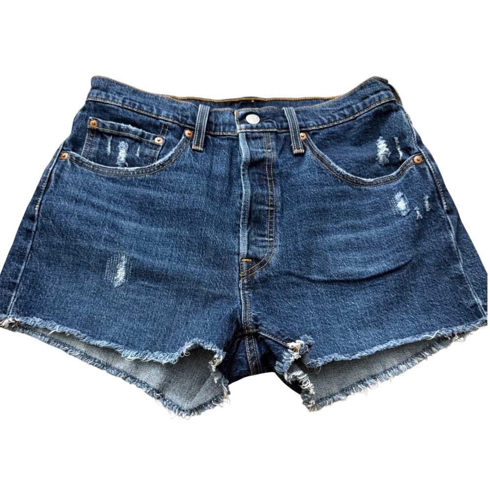 Levis Premium 501 High Rise Distressed Denim Shorts Jorts Dark Wash 31